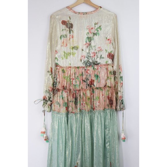 NWT Rococo Sand Ruched Long Dress Maxi Plunging V-Neck Metallic Green Pink XS - Picture 9 of 10